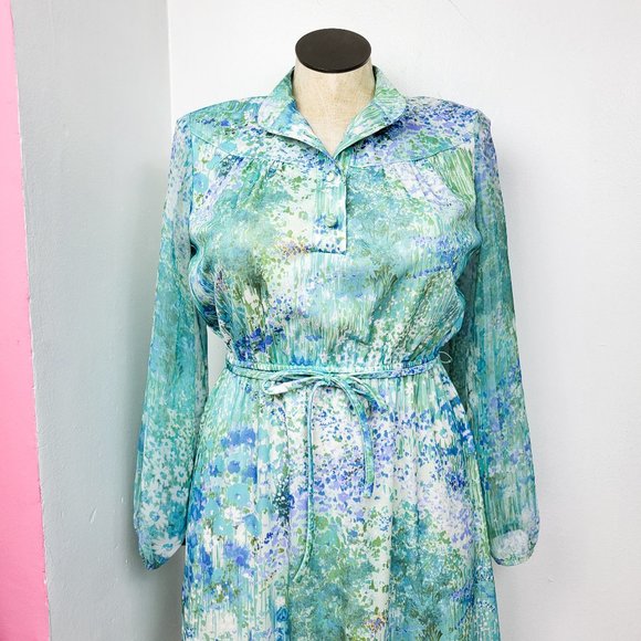 Vintage 70s Blue / Green Watercolor Floral Print Sheer Sleeve Dress - Picture 4 of 12